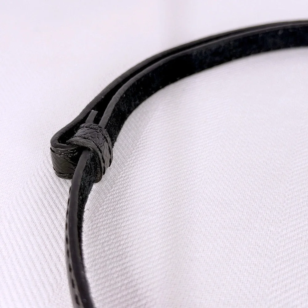 Luxe Black Skinny Leather Belt Horse bit Gold Hardware Lizard Embossed Snakeskin